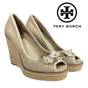 Tory Burch Jackie canvas peep toe wedge espadrille heels 9.5 M
